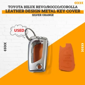 Used Toyota Hilux Revo/Rocco/Corolla Leather Design Metal Key Cover Silver Orange - With Orange 3 Buttons Without Keychain